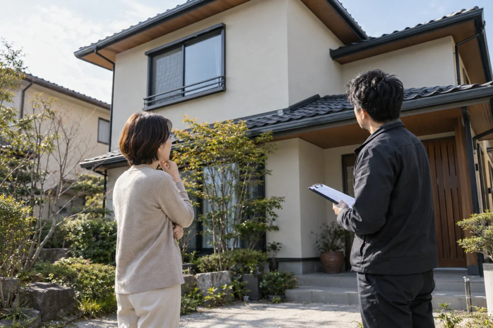 所有する戸建ての状態を担当者と確認するイメージ