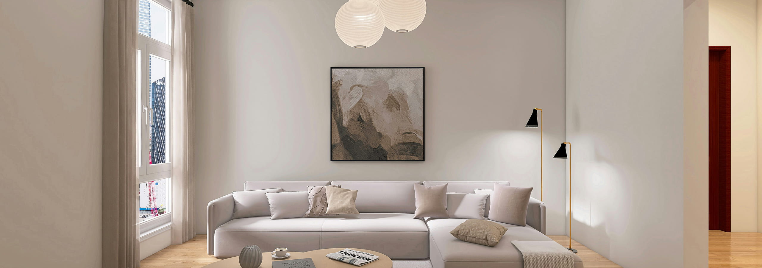 以米色和白色为基调，营造柔和印象的极简客厅